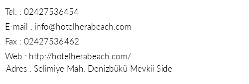 Hera Beach Hotel telefon numaralar, faks, e-mail, posta adresi ve iletiim bilgileri